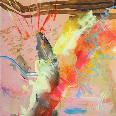A Pep in Your Step” – Acrylic, pastel, and serigraphy on wooden panel (10 x 10 in)
