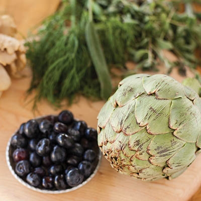 Oyster mushrooms, herbs, artichoke and blueberries