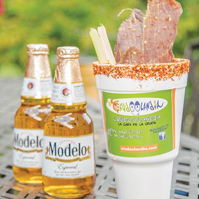 Crudoolandia’s $15 Michelada includes coconut, carne seca (dried meat), and loads of shrimp 
in a 44-ounce cup.