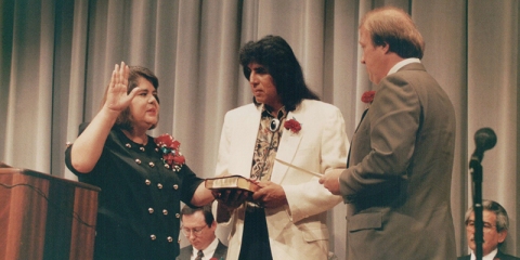 Wilma Mankiller is sworn into office as Principal Chief of the Cherokee Nation, 1985
