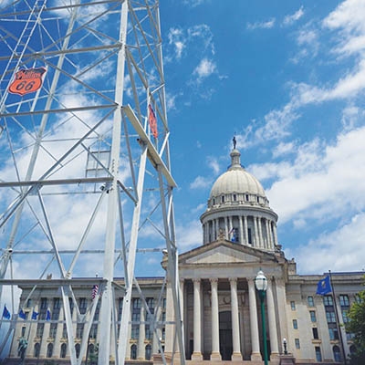 An oil derrick on the Oklahoma State Capitol grounds, the only capitol grounds in the U.S. with active oil wells.