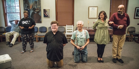 From left: Actors Rick Luttrell, Jenn Thomas, Quinn Blakely, Andy Axewell, Courtney Meadows and Tim Hunter rehearse for The Deaths of Sibyl Bolton, 