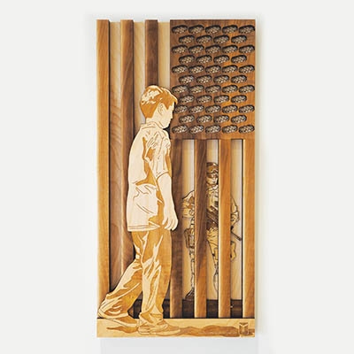 “Land of Freedom, Home of Courageous” (2018) – Laser engraved and cut digital illustration, glue, varnish on wood (12x24x1 in). 