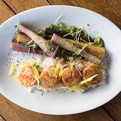Pan-seared scallops with preserved Meyer lemon risotto