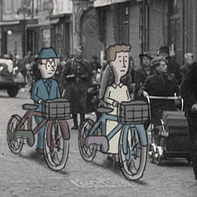 From “Monkey Business: The Story of Curious George’s Creators,” animated Hans and Margret Rey pushing bikes in archival photo, Paris 1940.