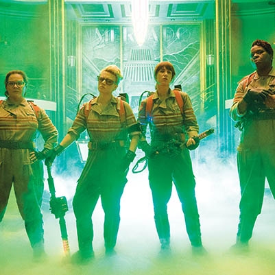 Melissa McCarthy, Kate Mckinnon, Kristen Wiig and Leslie Jones in “Ghostbusters”