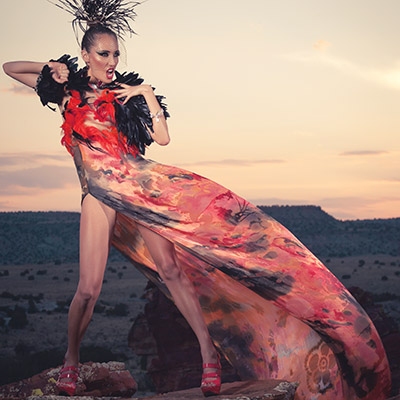 Cape, dress, and headpiece from Orlando Dugi’s “Desert Heat” collection, 2012