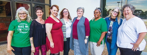 The women of Echo Theatre Company’s “The Invisibility Project” outside TU’s Kendall Hall