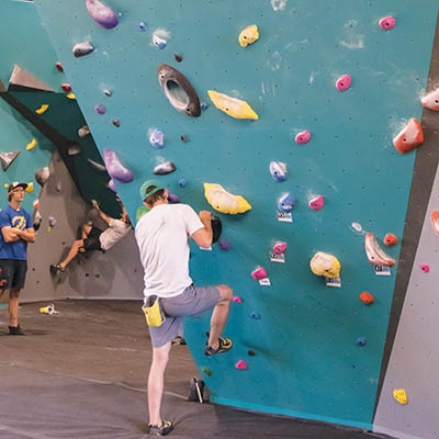 A sloped bouldering wall at the new Climb Tulsa