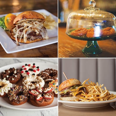 Clockwise from top left: Bramble's Smash Burger and pastries; Dilly Deli's Dilly Burger and Daily Dough