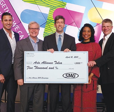 From left: Jeff Nickler, general manager of the BOK Center; Robert S. Purgason, 
Arts Alliance Tulsa campaign chair; Phil Lakin, chairman of the AAT advisory council; 
Rebecca Marks-Jimerson, president of the Greenwood Chamber of Commerce; 
and Todd Cunningham, executive director of AAT