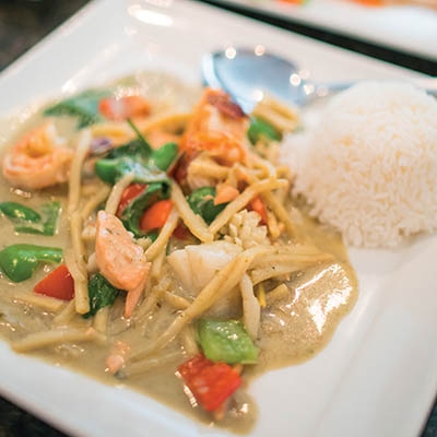 Green curry seafood medley and jasmine rice at The Tropical