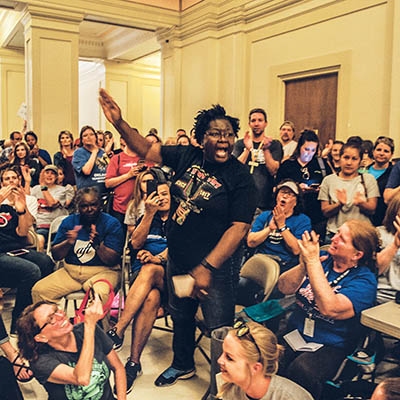 About 1,000 teachers gathered inside the Oklahoma State Capitol on April 12, the tenth day of the teacher walkout, to organize a path forward.